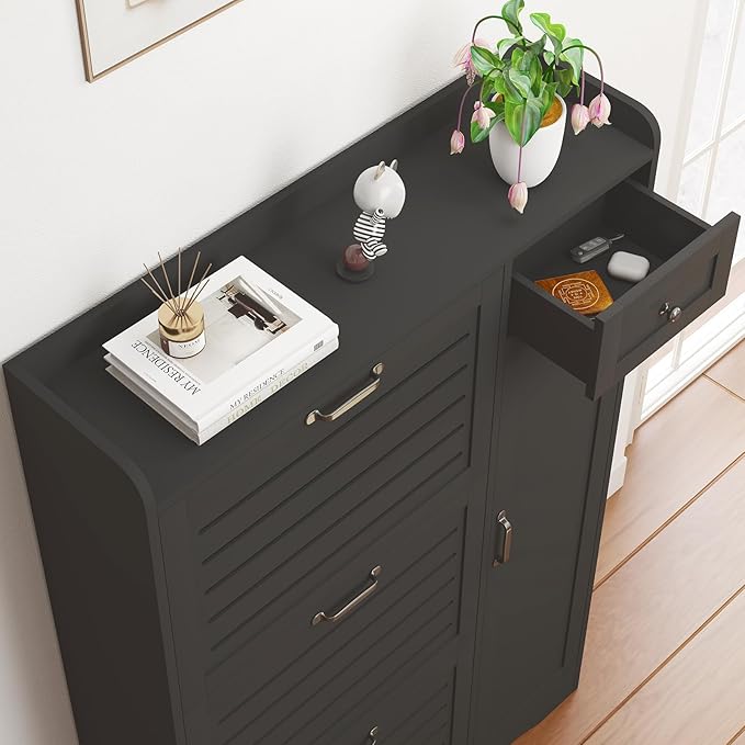 Slim Shoe Storage Cabinet for Entryway, Hidden Shoe Rack Cabinet with Doors, Drawers & Adjustable Shelf, Narrow Freestanding Ventilated Design, Thin Wooden Boot Storage Organizer, Black