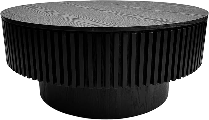 39.37'' Round Coffee Table with Storage, Solid Wood Veneered Modern Drum Coffee Table Accent Tea Table for Living Room, Bedroom, Apartment or Office-Black