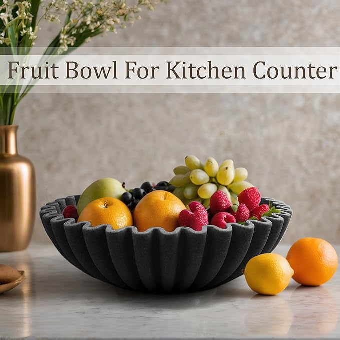 LIN CHUAN Ruffle Decorative Bowl, Large Fruit Bowl for Kitchen Counter, Stylish Key Bowl for Entry Table, Handcrafted Home Decor Display bowl, Artificial Stone Black