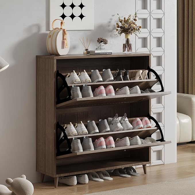 Shoe Storage Cabinet for Entryway | Ultra-Slim Narrow Shoe Organizer with 2 Flip Drawers | Freestanding Hidden Shoe Rack | Space-Saving Solution for Small Hallway, Foyer, Mudroom