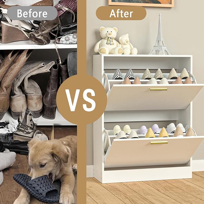 Shoe Cabinet Storage for Entryway, White Shoe Organizer with 2 Flip Drawers & Open Shelf, Freestanding Hidden Large Shoe Storage Cabinet (2pc-White, 2 Flip Drawers)