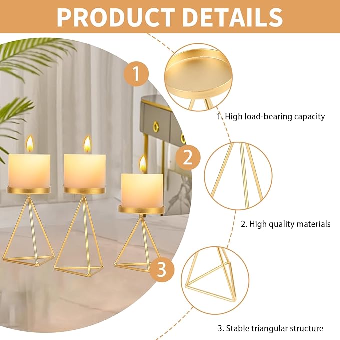 3 PCS Geometric Candle Holders for Pillar Candles Gold Metal Pillar Candle Holder Vintage Candle Stands Table Centerpiece for Wedding Christmas Home Decoration