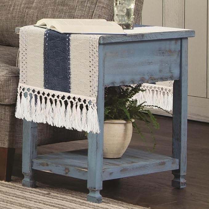 yuboo Boho Macrame Dresser Runner, Navy Blue Coffee Table Runner Short, Rustic Summer Coastal Table Runner Farmhouse Style for Nightstand, End Table, Desk Table, Bohemian Dresser Decor, 48 Inches Long