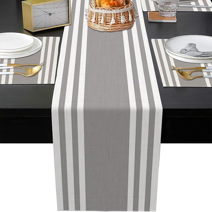 Emvency White Grey Stripes Table Runner and Placemats Set of 6,Modern Geometric Painting Art Dining Decor for Daily Use(1 Table Runner 72 inches Long and 6 Placemats)