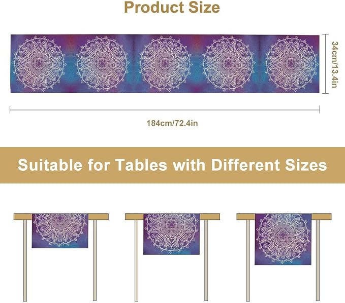 YCness Abstract Vintage Mandela Boho Table Runner, Modern Hippie Art Watercolor Purple Rainbow Colorful Dining Room Kitchen Living Room Party Holiday, 13x120 Inch