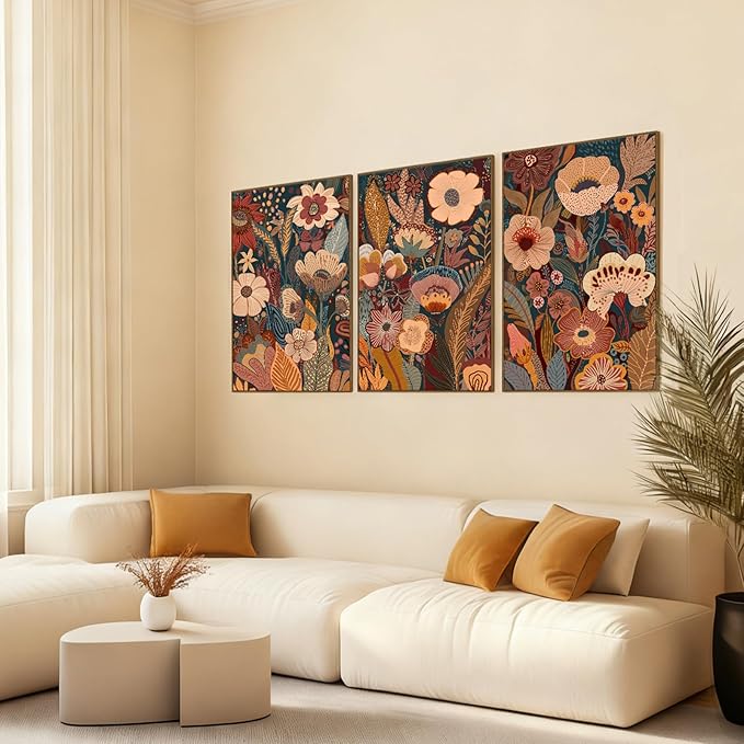 SAFERRYHOME Burnt Orange Floral Wall Art, 3 Pieces Boho Mid Century Modern Wildflower Framed Canvas Wall Decor, Vintage Botanical Neutral Plant Artwork Print for Living Room Bedroom Hallway Office, 16"x24"