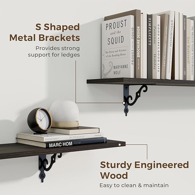 RICHFOCUS Floating Shelves for Wall Decor, 35.4W x 8D Shelves Set of 2, 8 Inch Deep Rustic Wood Shelves Wall Mounted with Brackets, Long Floating Shelves for Living Room Bedroom Kitchen, Black