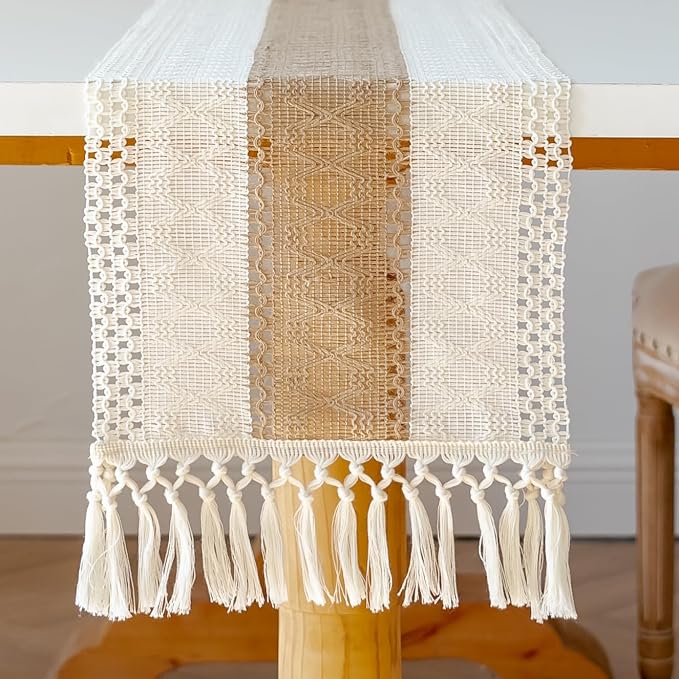 EMMTEEY Boho Table Runner with Tassels- Scratch & Heat Resistant, 108 Inches Long Table Runner Cotton Linen Macrame Handmade for Dining Table/Wedding Décor (12"X108", Cream Brown)