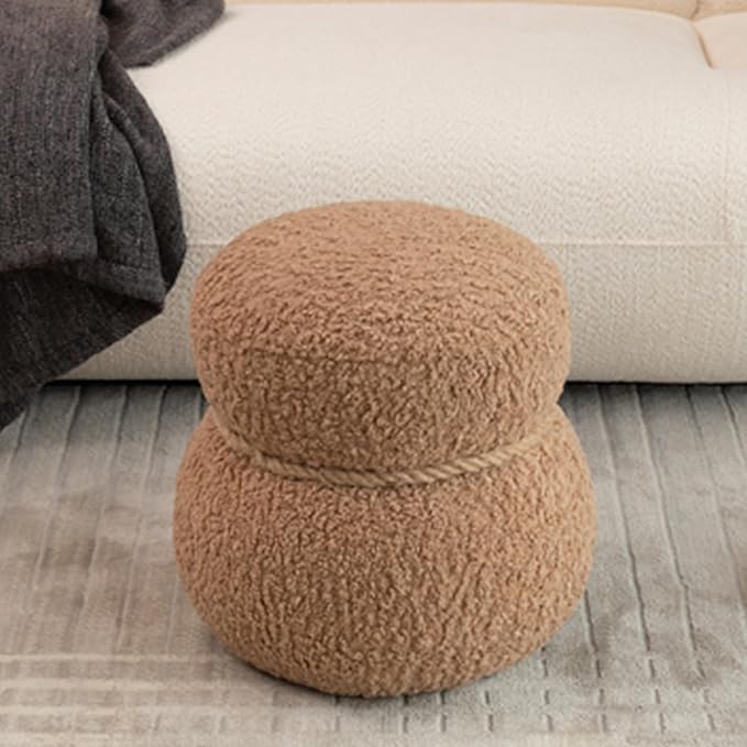 16.14" Cute Small Footrest Ottoman,Teddy Fabric,Snowman Shapes,Modern Round Pouf for Living Room,Apartment, Office,Dorm Decor (Light Brown,Snowman)