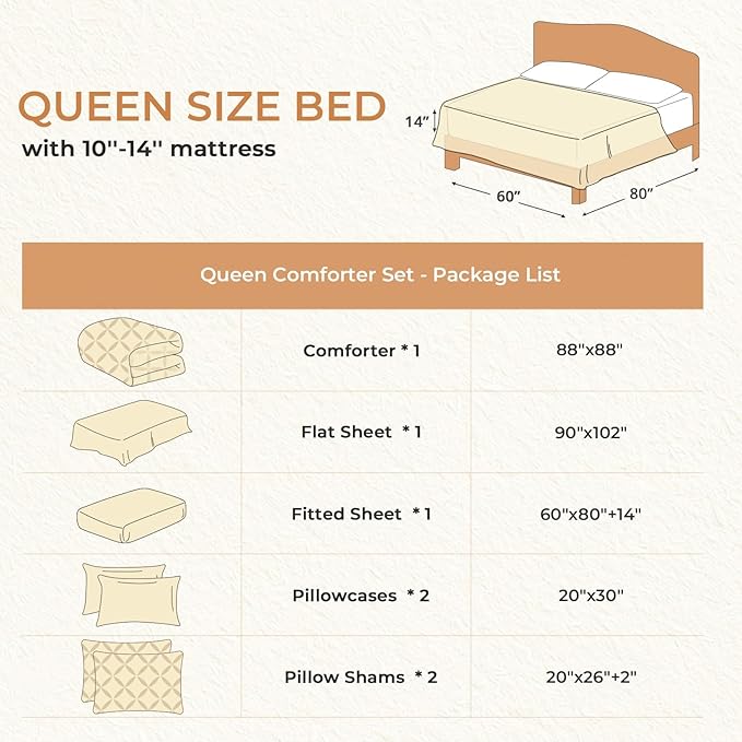 Sasttie Queen Comforter Set, 7-Piece Bed in a Bag, Pintuck Bedding Sets for All Season, Includes Comforter, Flat Sheet, Fitted Sheet, Pillowcases and Pillowshams, Rose Gold