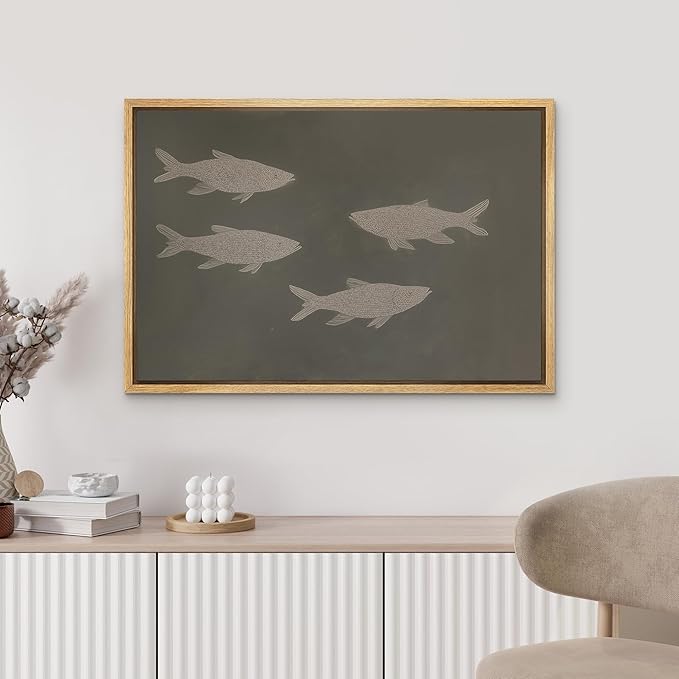 MUDECOR Framed Canvas Print Wall Art Abstract Minimalist Fish Line Illustrations Minimalism Decorative Bohemian Colorful Zen for Living Room, Bedroom, Office - 16"x24" NATURAL
