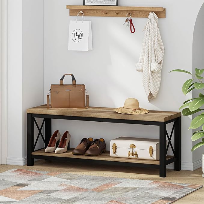 BON AUGURE Entryway Bench for Mudroom, Modern Wood and Metal Storage Bench, Farmhouse Shoe Entry Benches for Bedroom, Hall (47 inch Wide, Vintage Oak)