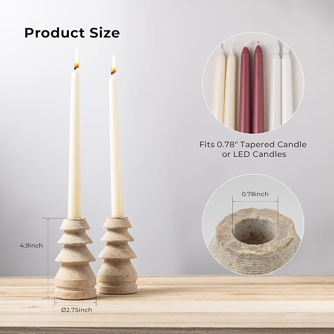 Marble Candle Holders Set of 2, Natural Stone Candlestick Holder for Christmas Decor, Wedding Centerpiece, Dining Table Fits 3/4" Taper Candles, Non-Slip Base, Light Brown (WH070)