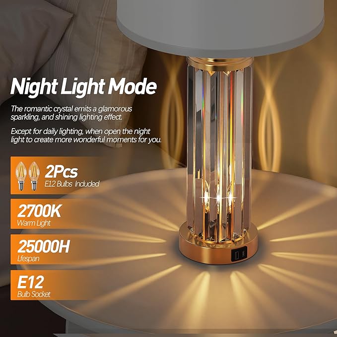 QiMH Gold Table Lamps for Bedroom Set of 2 with Nightlight, Modern Bedside Lamp with 2 USB A+C Charging Port, Clear Nightstand Lamp for Living Room White Shade Home Light Decor(LED Bulbs Included)