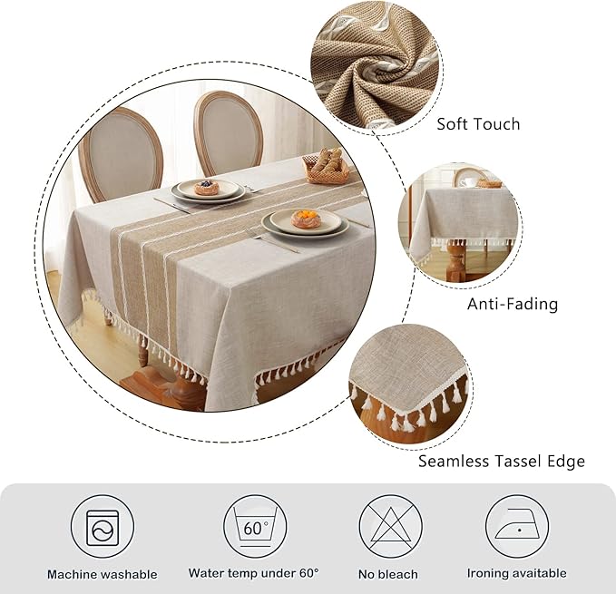 Laolitou Rustic Tablecloth Cotton Linen Waterproof Tablecloths Washable Table Cloths for Kitchen Dining,Party,Holiday,Christmas,Buffet Coffee Lines Rectangle,55''x120'',10-12 Seats