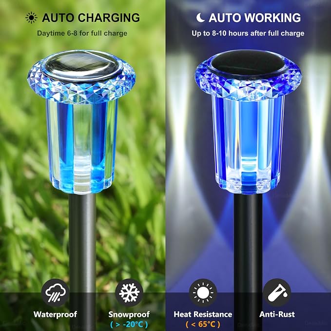 DenicMic Solar Lights Outdoor 10 Pack Waterproof Color LED Stainless Steel Stake Outside Lights for Yard Pathway Garden Landscape Path Lighting Christmas Decorations