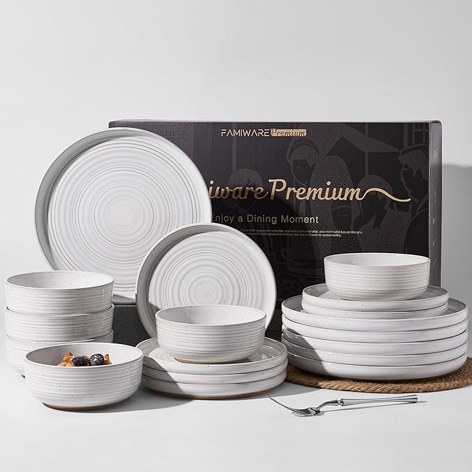 18-Piece Stoneware Dinnerware Set – Flared Plates and Bowls with Reactive Glaze, Speckles & Spirals, Chip & Scratch Resistant Dishes, Dishwasher Safe, Service for 6, Gift Box, White