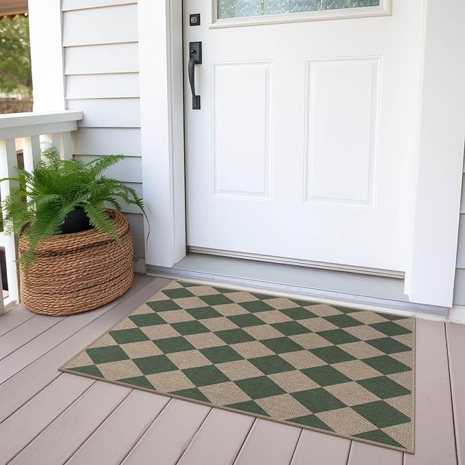 Rugalia Easy Jute Checkered Entryway Rug, 2x3 Green Modern Indoor Outdoor Doormat, Washable Non-Slip Neutral Small Kitchen Rug Farmhouse Diamond Throw Rugs for Entrance Bedroom Bathroom