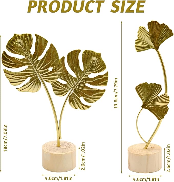 2 Pcs Metal Gold Decor Statues, Leaves Ornaments Modern Creative Home Décor Accents Statue for Office, Room, Bookshelf, Home Decor (Monstera, Ginkgo)