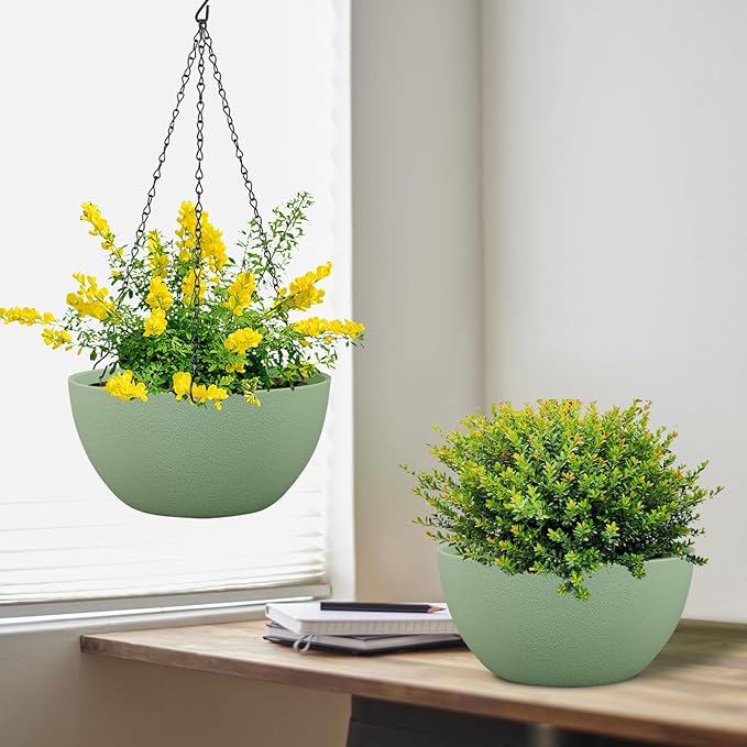 Meowell 12 inch Large Hanging Planters Plant Pots for Indoor Outdoor Plants, 2 Pack Hanging Flower Pots with Drainage Holes and Chain for Garden Porch, Plastic Hanging Baskets for House Plants, Green