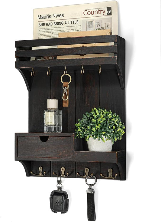 Rebee Vision Pine Wood Key Holder Wall Mount with Small Drawer Organizer - Farmhouse Key Holder for Wall with 9 Hooks - Ideal Mail Organizer for Entryway, and Bedroom (Distressed Black)