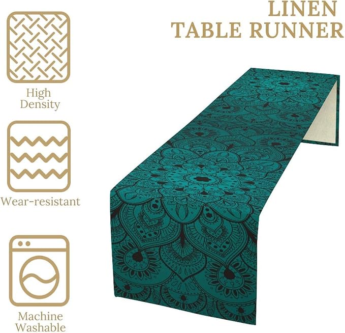 Boho Mandala Table Runners for Dinning Room, Bohemian Mandala Flower, Cotton Linens Green Table Runner Table Cloth for Wedding Party Holiday Home Decor, 13x108 Inch