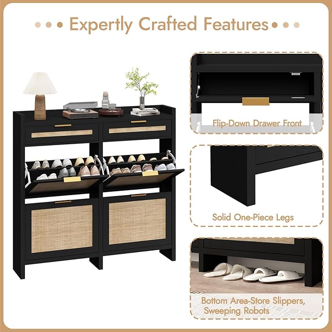 HOKYHOKY Large Rattan Shoe Storage Cabinet with 4 Flip Drawers & 2 Storage Drawers – Hidden Slim Shoe Organizer for Entryway, Large Tabletop Space, Farmhouse Boho Narrow Shoe Rack, Rustic Black