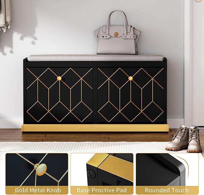HLR Modern Shoe Bench with Storage, Entryway Bench with 2 Flip Drawer & Padded Cushion Seat, Shoes Storage Bench for Hallway, Closet, Living Room, Black Shoe Storage Cabinet with Bench