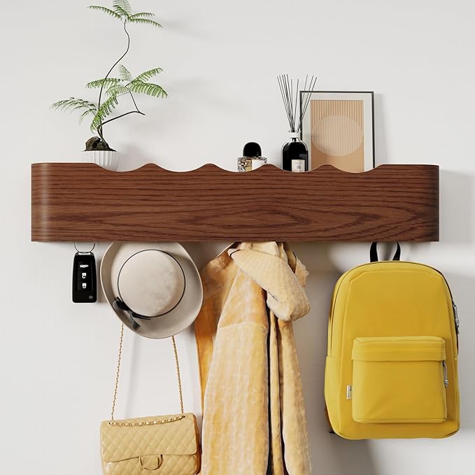Coat Rack Wall Mount with Shelf 5 Hidden Hooks Modern Wooden Key Holder Entryway Organizer for Hallway Bedroom Bathroom Home Decor Storage for Hanging Coats Hats Bags Towels, Wave-Shape Walnut