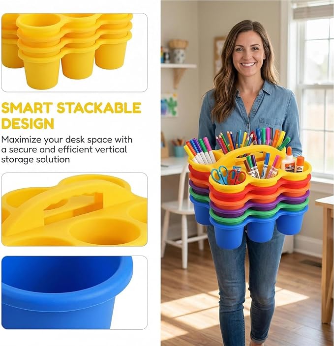 6-Cup Classroom Storage Caddy with Handles ,Art Supplies Stackable Storage Bins for Table, Office School Durable Easy-Clean Plastic Multiple Colors (Set of 6)
