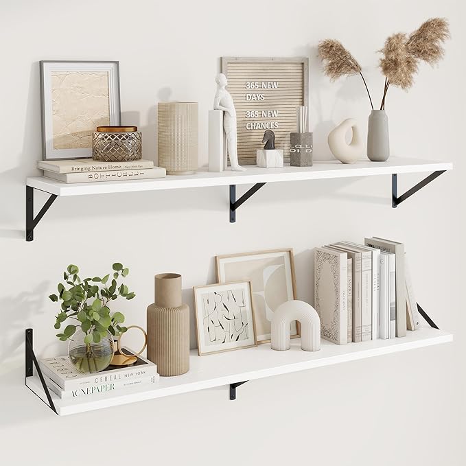 Axeman 48 Inch Floating Shelves | 10 Inch Deep White Wall Shelves Set of 2 | 48" W x 10" D White Wood Floating Shelves for Living Room Bathroom Kitchen