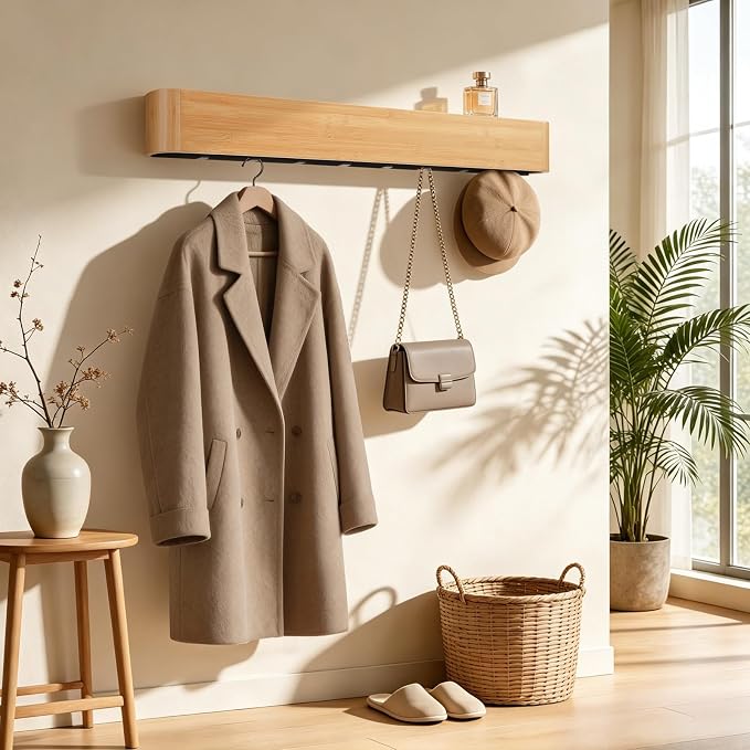 33" Bamboo Coat Rack Wall Mount with Shelf, Heavy Duty Wall Hanger with 8 Hidden Hooks & Soft Curved Edges, Sleek Floating Design for Entryway & Office, Natural