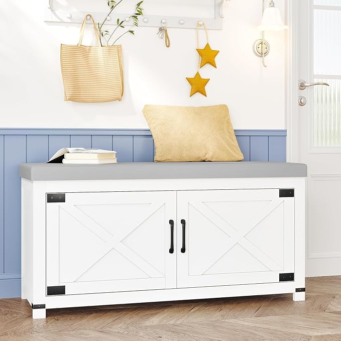 Hzuaneri Shoe Storage Bench, 2 Tier Shoe Bench with Padded Seat Cushion & 2 Barn Doors, Entryway Bench with Adjustable Shelf, Farmhouse Shoe Cabinet for Living Room, Bedroom, White SB26603GY