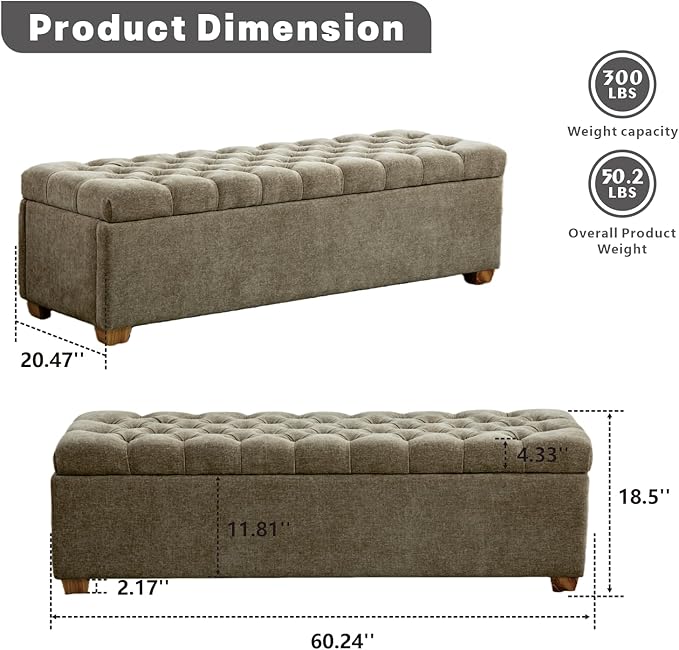 Chifee & Vingol 60" Ottoman with Storage Oversized End of Bed Storage Bench Upholstered Benches for Entryway, Living Room, Bedroom-Taupe