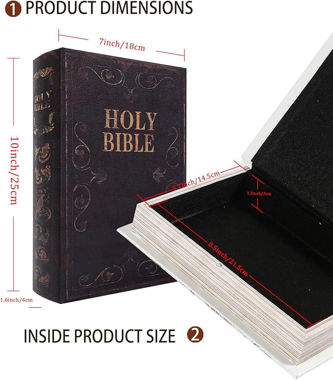Decorative Wooden Book Box, Vintage Faux Book Boxes with Magnetic Closure, Secret Storage, Antique Look Leather Cover for Bookshelf or Office Decor (1 x Holy Bible)