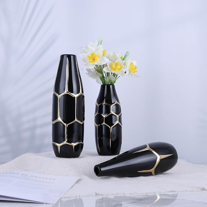 Black and Gold Ceramic Vase Set of 3, Geometric Decorative Ellipse Vases for Living Room Shelf, Mantel, Table Centerpieces, Bathroom Countertop, Modern Rustic Farmhouse Home Decor (Black)