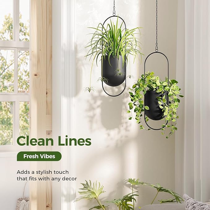 Bamworld Hanging Planters for Indoor Outdoor Plants Metal Hanging Pots for Plants 5.5 Inch Modern Hanging Baskets Window Plant Hanger Ceiling Hanging Flower Pots with Chain for Wall Decor (Black)