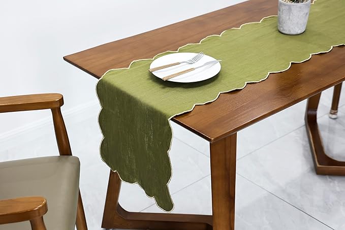 100% Natural Linen Rustic Scalloped Embroidery Table Runner 36 Inches, Linen Table Runner 14 x 36 Inch Ideal for Dresser and Dining Tables Decor, 1-2 Sets, 14x36'', Olive Green(Edges-Gold)