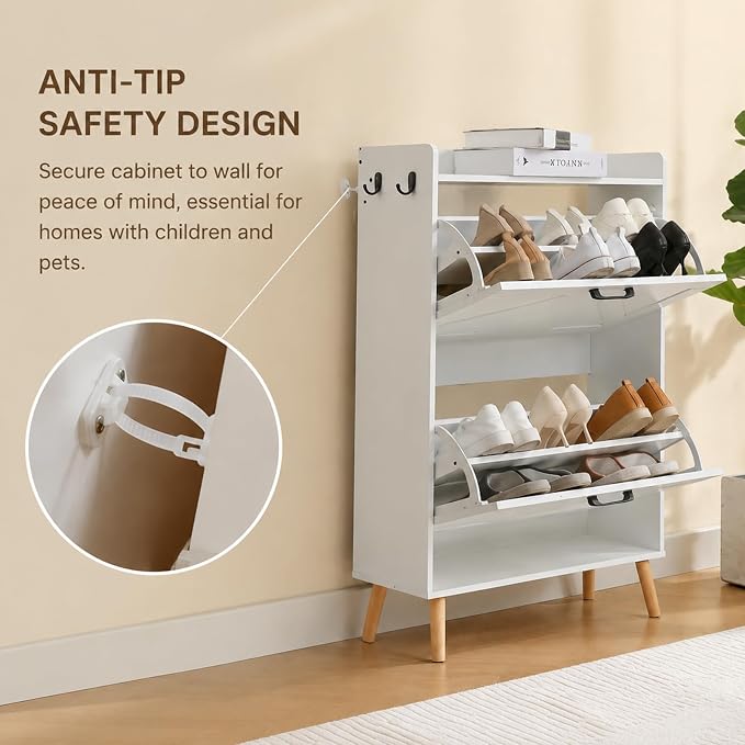 Shoe Cabinet Storage for Entryway, Narrow Slim Shoe Organizer with 2 Flip Drawers & Adjustable Shelves, Freestanding Space-Saving Shoe Rack for Hallway, Foyer (White)
