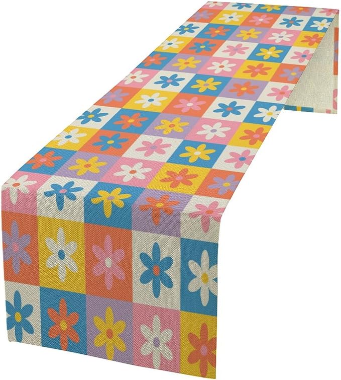 Retro 60s 70s Floral Table Runner Hippie Summer Groovy Boho Check Flower Dinner Runner for Home Kitchen Dining Table Party Decor 13"x108"