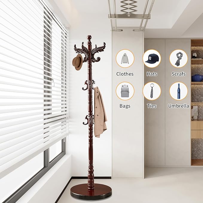 Snaikor Wooden Coat Rack Stand, Vintage Natural Birch Wood Coat Racks Freestanding, Solid Wood Coat Tree Stand with 14 Hooks, Classic Sturdy Coat Racks Hall Tree for Entryway, Office (Round chassis)
