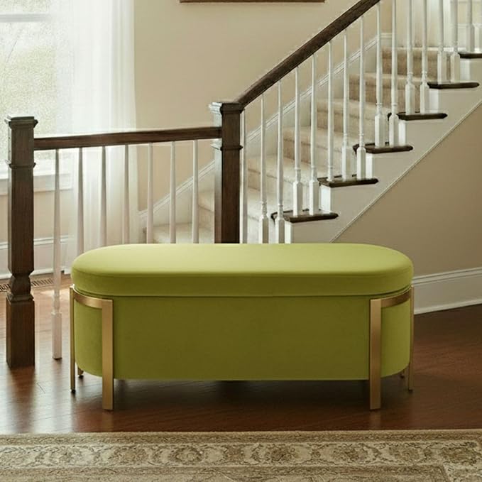 Hyfirm 48" Velvet Olive Green Storage Ottoman Bench with Gold Legs, 4ft Oval Long Modern Upholstered Stool with Padded Seat, Settee for Bedroom, Living Room, End of Bed, Sofa Couch, Entryway, Hallway