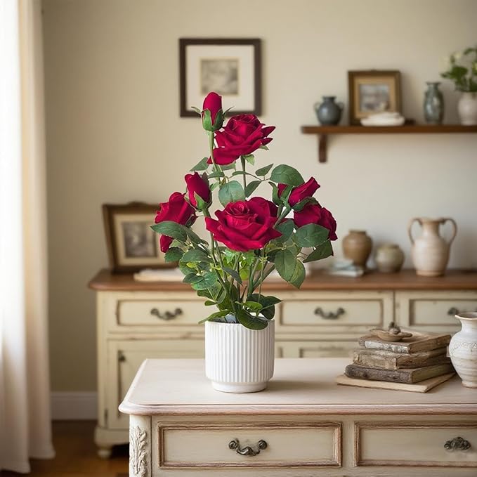 Artificial Rose Plant with Ceramic Vase,Home Decor Potted Floral Arrangement,Silk Roses Artificial Flowers (Red)