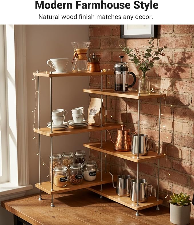 VINIUSIKI DIY Adjustable 6 Tier L-Shaped Countertop Shelf Organizer, Kitchen Spice Rack for Countertop, Wood Coffee Counter Shelf Organizer for Home Break Room- 15.7"x15.7"x24.01" (LxWxH), Amber