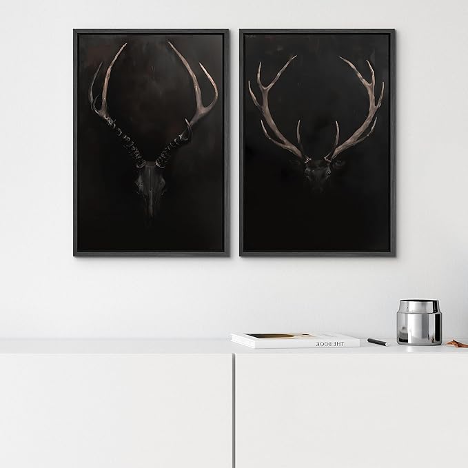 SIGNWIN Framed Canvas Print Wall Art Rustic Antler Skull Dark Dramatic Black Vintage-Inspired Deer and Elk Antlers Illustrations Decorative for Living Room, Bedroom, Office - 16"x24"x2 Black