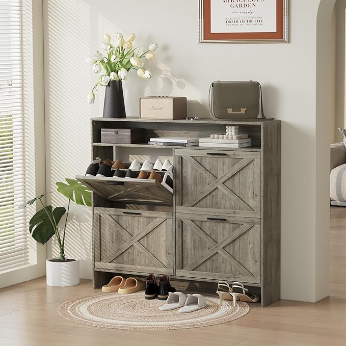 Wooden Shoe Cabinet with 4 Flip Drawers, Narrow Shoe Rack Organizer Cabinet for Classified Storage, Farmhouse Shoe Storage Cabinet for Entryway, Living Room (Grey)