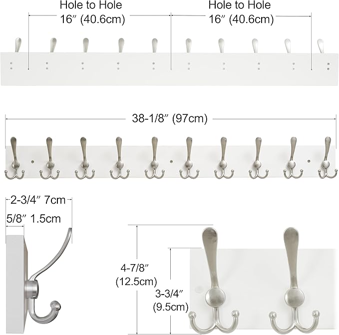 SKOLOO Creations White Solid Wood Wall Mounted Coat Rack, 10 Hooks, 38-1/8" Long - Kitchen, Mudroom, Entryway, Bathroom - Includes Mounting Hardware, Wall Coat Hanger, Towel Rack