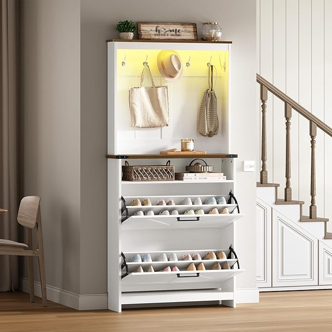Farmhouse Shoe Cabinet with Coat Rack, Tall Shoe Cabinet with 2 Flip Drawers, Narrow Hidden Shoe Storage Cabinet, 2 in 1 Hall Tree Slim Freestanding Shoe Rack Organizer for Entryway, LED Light, White