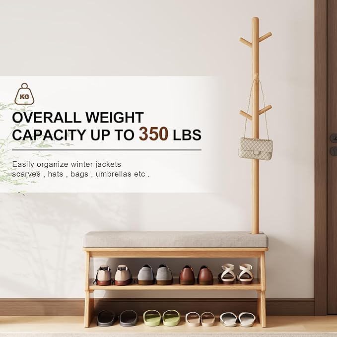 Coat Rack with Shoe Storage,Shoe Rack whit 8 Hook for Offices、Bedroom、Living Room,Small Shoe Bench,Natural