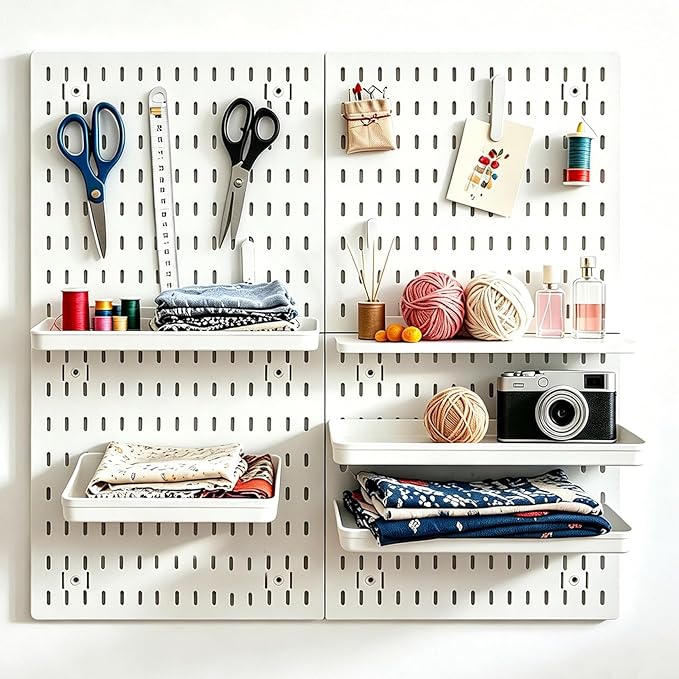 PSLER White Peg Board 4pcs 22″×22″ White Peg Board Organizer with Accessories &Hooks